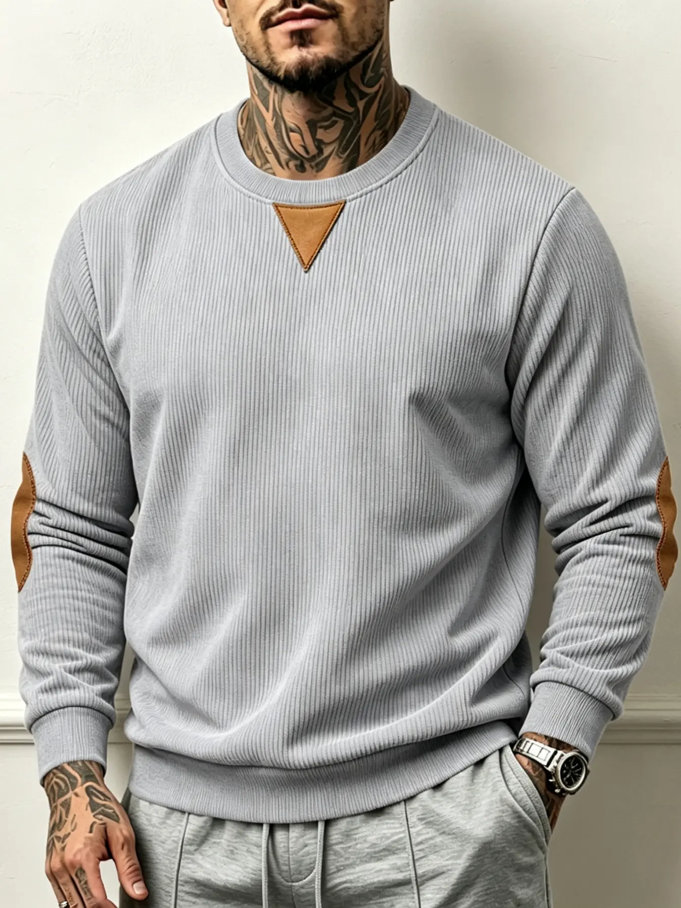 Men's Vintage Vertical Ribbed Crew Neck Long Sleeve Sweatshirt, Soft Stretch Pullover Stylish Top, Wrinkle Resistant Versatile Elastic Basic Layering Shirt, Suitable for Layering, Commute, Street & Daily Outfits, Multi Colors & Plus Sizes In Stock S-3XL