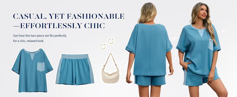 Imily Bela Womens Summer Waffle Knit 2 Piece Outfits Oversized T Shirt Casual Shorts Loungwear Short Sets