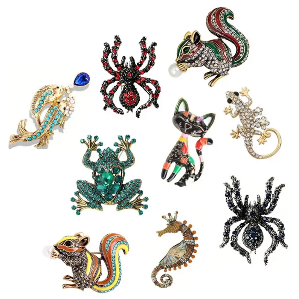 Rhinestone Animal Brooch Pins Vintage Enamel Spider Cat Lapel Pins Multi-Color Crystal Animal Brooches Jewelry for Party