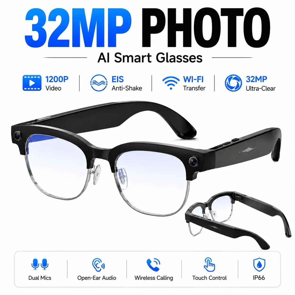 Content Creator Wearable Matte finish smart sunglasses with ultra crisp image capture, voice wake-up AI interpreter for cross-trip dialogue, pressure-free open ear hi-fi sound, long 12hr music playback, full IP66 dust sweat shield, secure magnetic chargin
