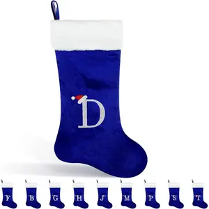 22 Inches Monogram Embroidered Initial Christmas Stocking Soft Velvet with White Plush Cuff for Xmas Holiday Fireplace Decoration Gifts D Letter Blue