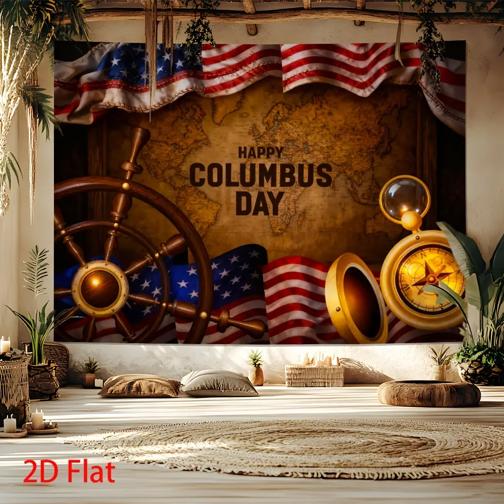 Columbus Day Nautical Tapestry - Polyester Backdrop with American Flag, Vintage Map, Ship Wheel, Compass Design for Home Office Wall Decor, Wedding Photo Banner, Room Accent, Holiday Gift