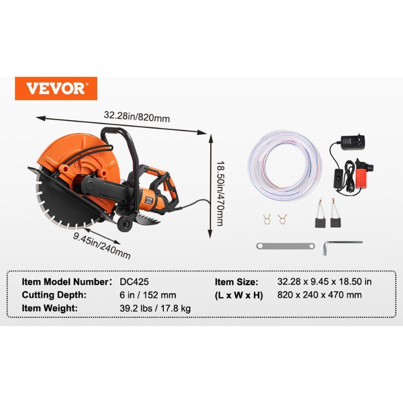 VEVOR Electric Concrete Saw, 16 in, 3200 W Motor Circular Saw Cutter with Max. 6 in Adjustable Cutting Depth, Wet Disk Saw Cutter Includes Water Line, Pump and Blade, for Stone, Brick