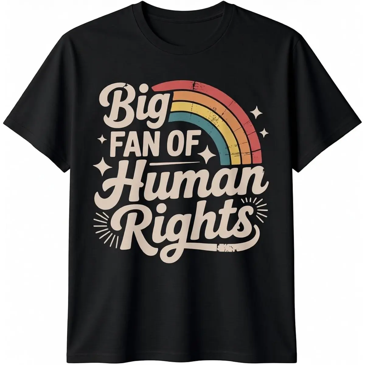 Men's 100% Cotton Basic Short-Sleeve Streetwear Top - Retro Rainbow "Big Fan of Human Rights" Tshirt, Shortsleeve, Casual, Fashion, Fit