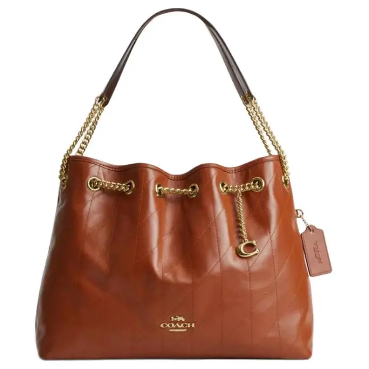 COACH Evelyn 34 Quilted Leather Shoulder Bag for Women, Large Size, Gold and Cinnamon