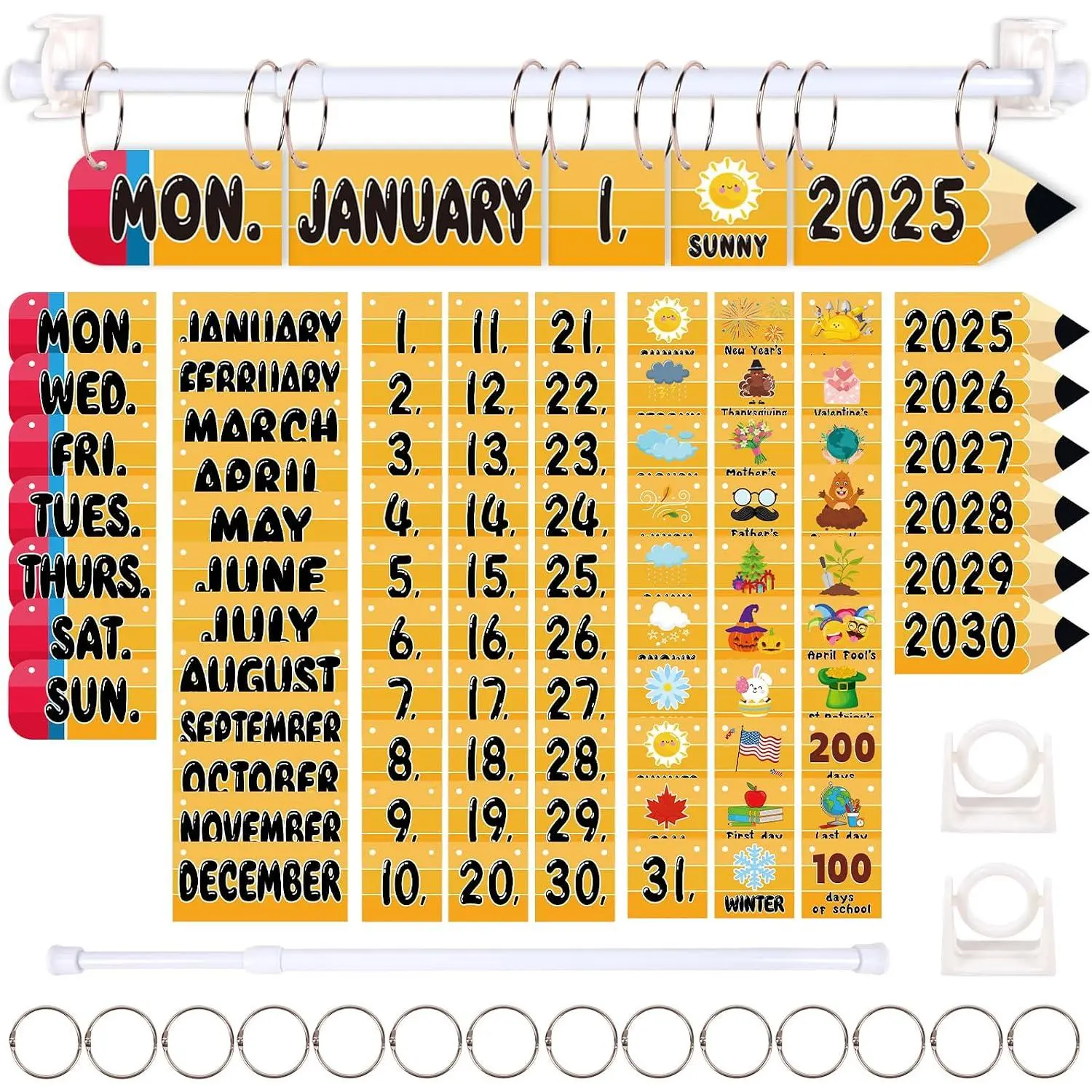 102 count Flip Calendar for Classroom Decor – Pencil-Shaped Bulletin Board Set with  Rod, Date, Birthday Card for Teacher Organization,  to School