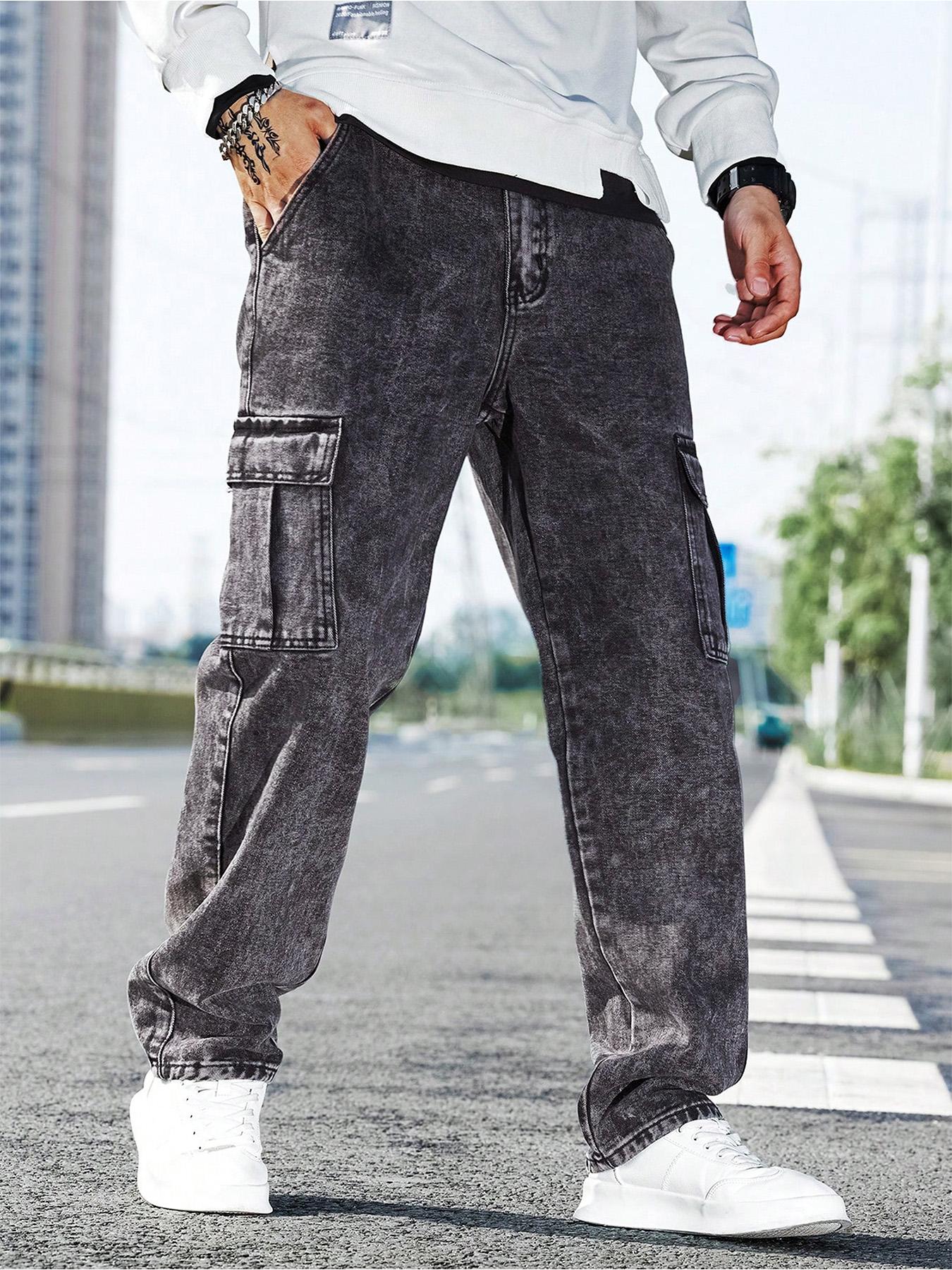 Men's Solid Flap Pocket Cargo Jeans, Loose Casual Street Fashion Denim Pants for Daily Wear, Men's Trousers for All Seasons