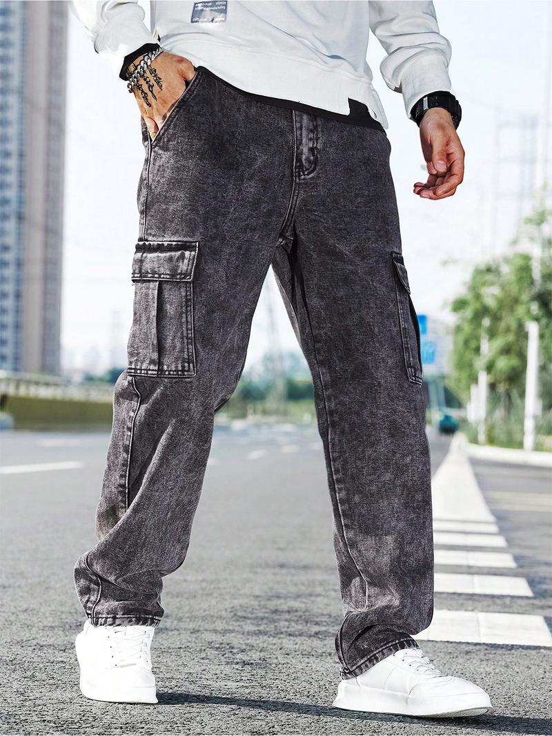Men's Solid Flap Pocket Cargo Jeans, Loose Casual Street Fashion Denim Pants for Daily Wear, Men's Trousers for All Seasons