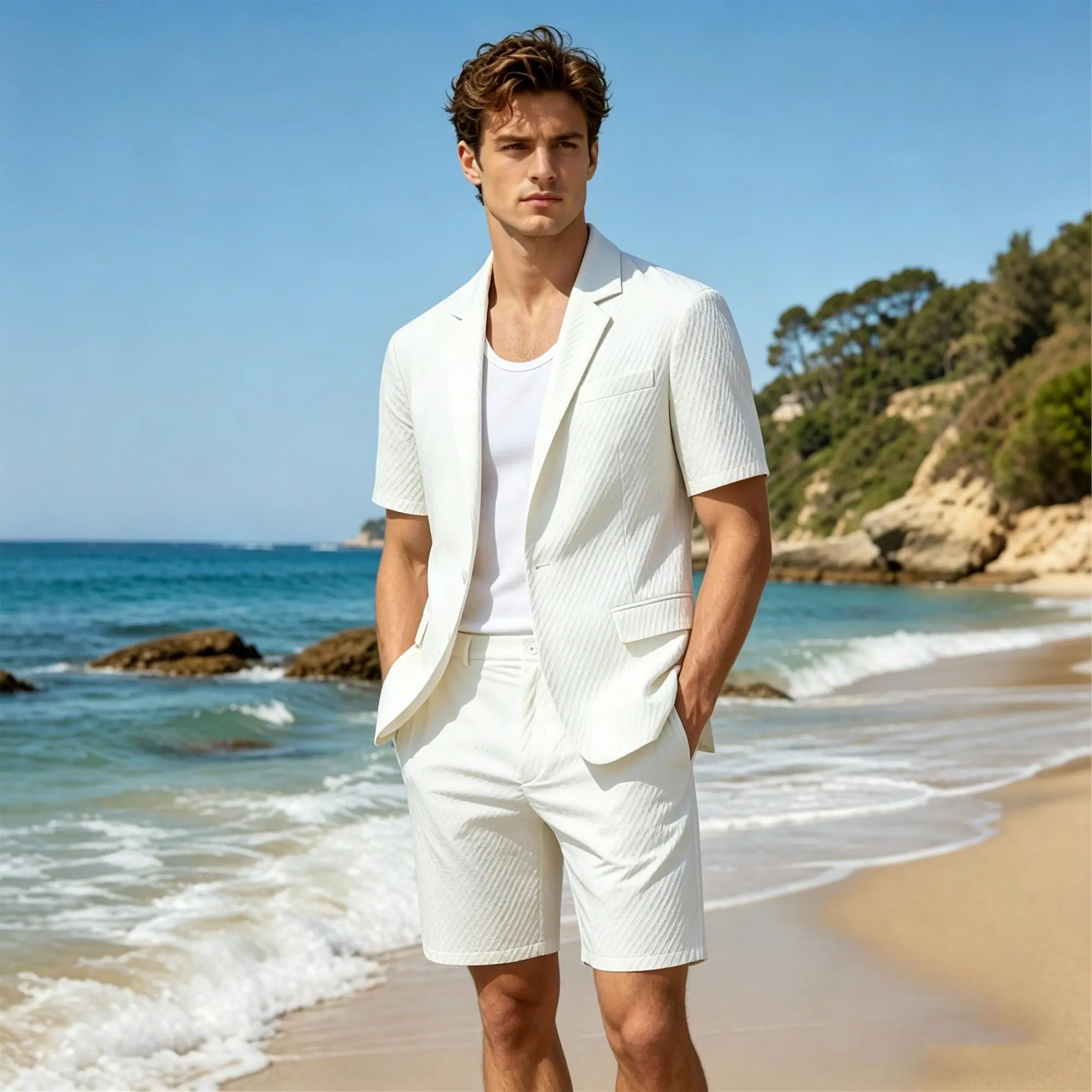Men's Fitted 2-Piece Short Suit Set in Grey - Casual Blazer and Shorts with a Breathable Textured Pattern for Summer Events, Button, Dry Clean