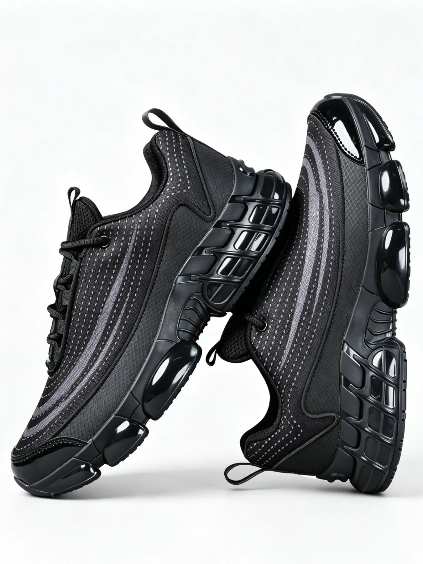 Men's Reflective Line Thick Sole Dad Shoes, Breathable Mesh, Bubble Cushion, Night Safety, Outdoor Training, Casual Sports Sneakers, Chunky Sneakers