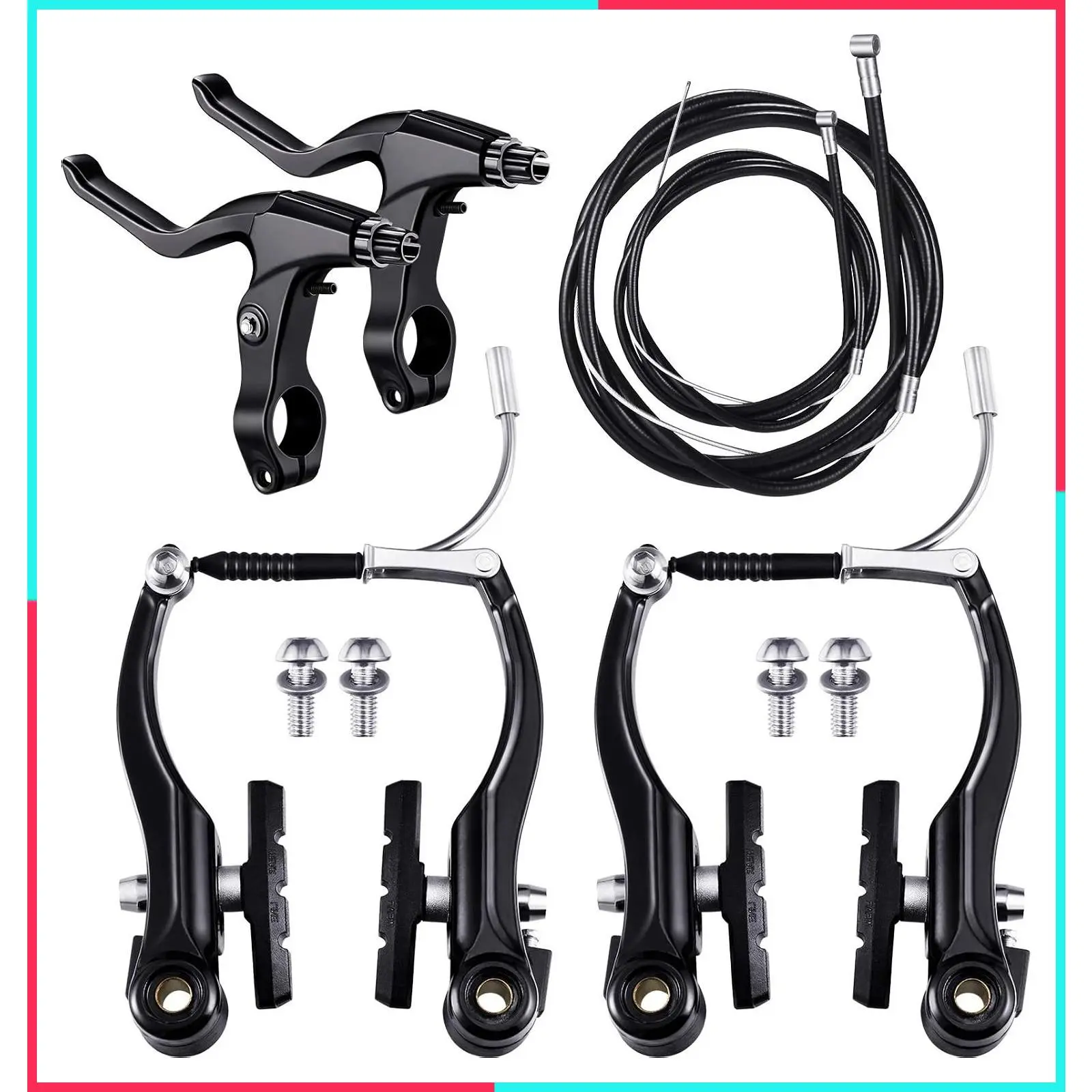 Complete Bike Brake Set, Front Rear Caliper Lever Brake Cables, Black