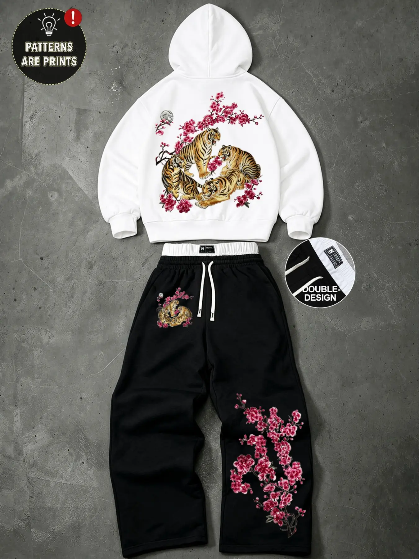 Unisex Vintage Japanese Tiger & Cherry Blossom Print Tracksuit Set, Hoodie + Wide Leg Sweatpants 2-Piece Outfit, Soft Loose Streetwear Suit with Double Layer Waistband, Casual Hip Hop Skate Daily Sportswear