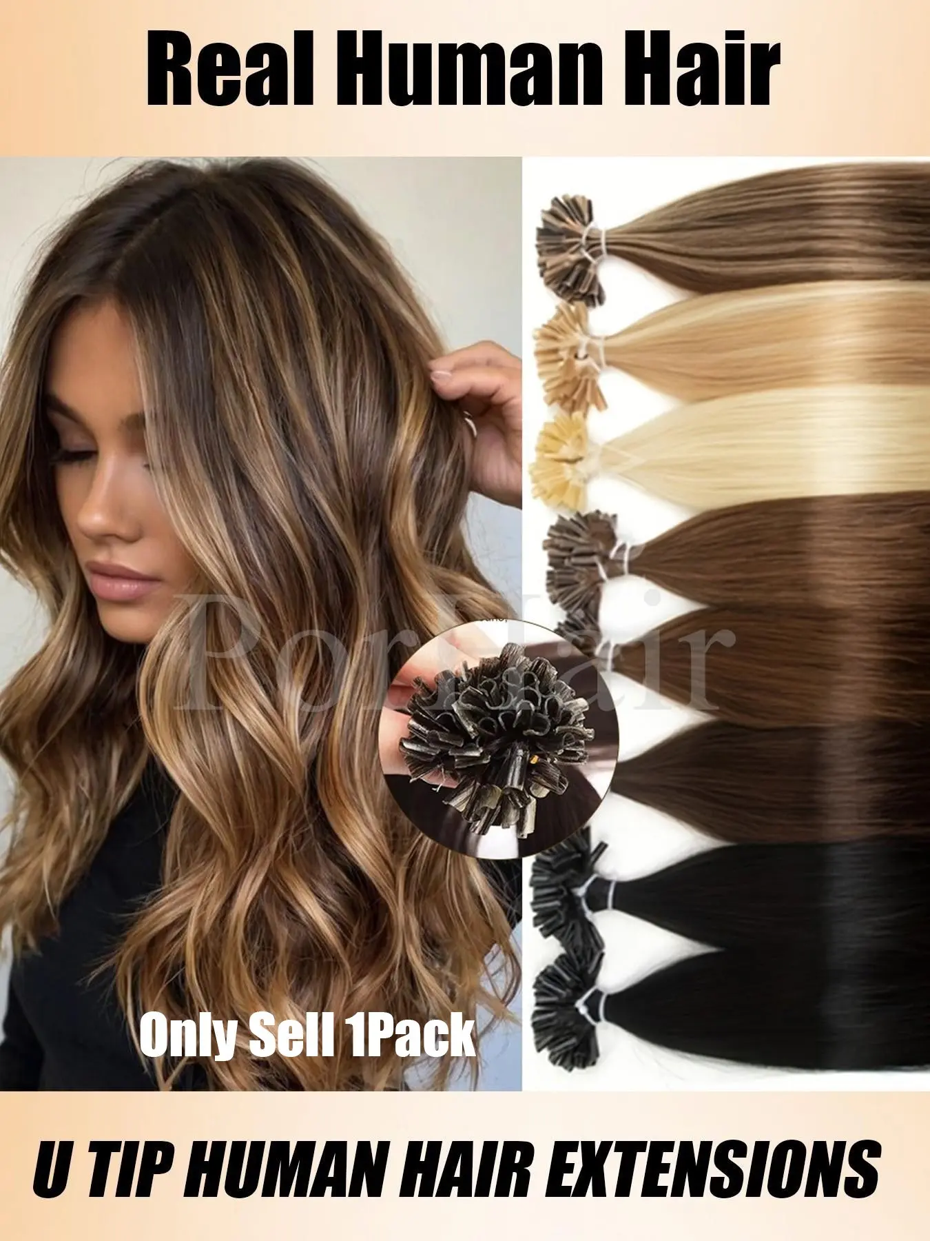 50 Pieces U-Shaped Real Hair Extensions with Straight Texture, 30g Natural and Gold Keratin Glue Capsules for Easy Application