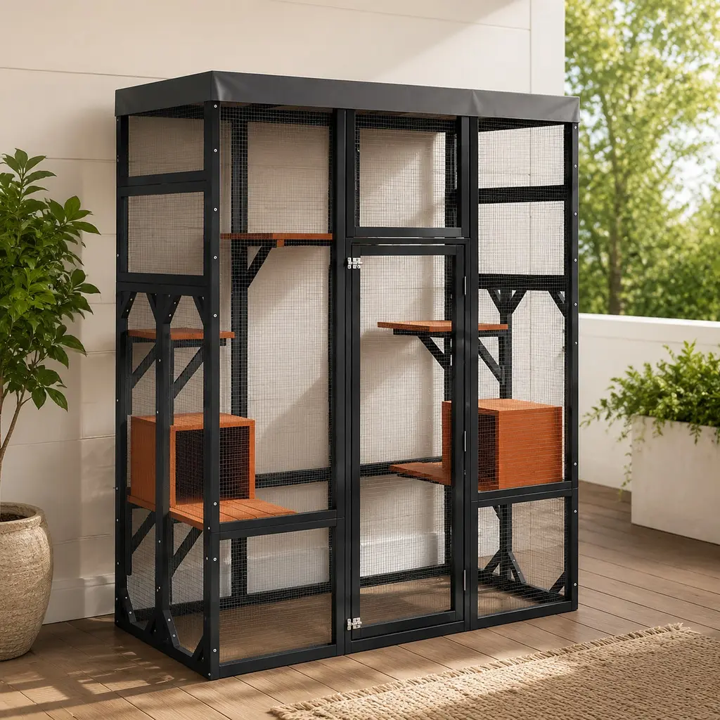 ARCH Solid Wood Outdoor Catio (32.3in W x 62.6in D x 70.1in H) - Eco-Friendly Secure Pet Enclosure with Waterproof Cover, Mesh Galvanized Metal Wire, 2 Napping Houses, Platforms, Easy-Access Door, Black+Orange Options for Backyard Patio