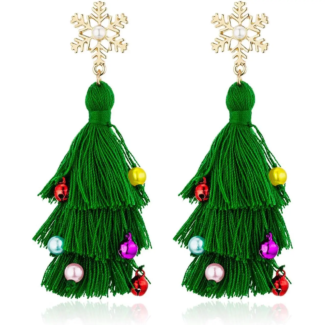 Lightweight Christmas Tree Tassel Beaded Earrings, Bohemian Dangle Drop Green Earrings, Twined with Colored Beads Earring for Women