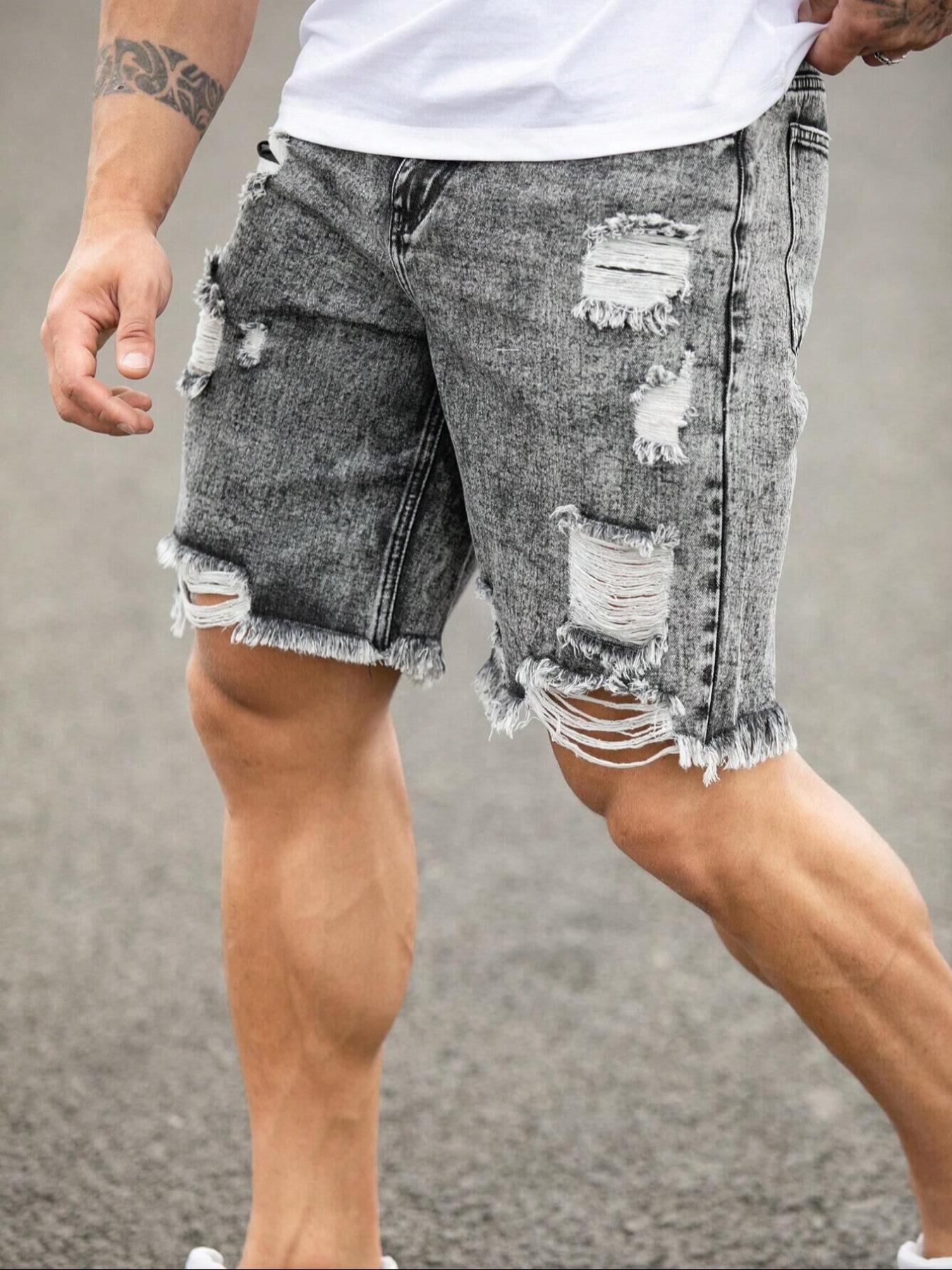 Men's Solid Color Ripped Denim Shorts, Loose Casual Fashion Comfy Jeans Shorts for Daily Outdoor Wear, Mens Bottoms for Summer