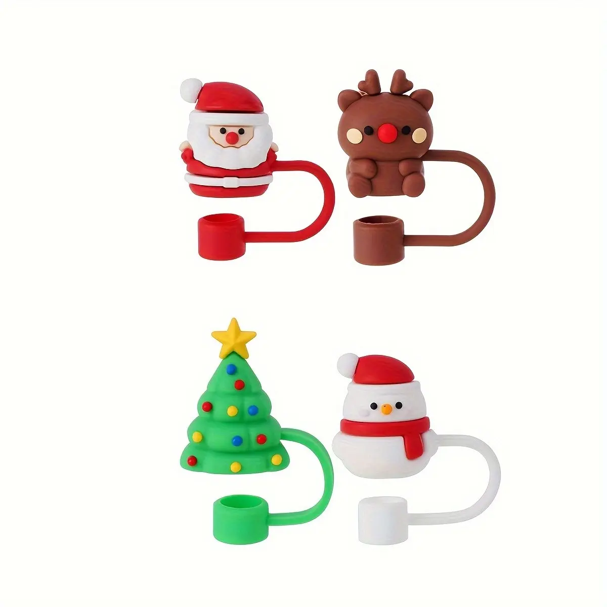 4-Pack Cute Christmas Straw Covers, Silicone Material, Large Diameter, Dust Plug for Stanley 30oz & 40oz Insulated Cups, Ideal Gift