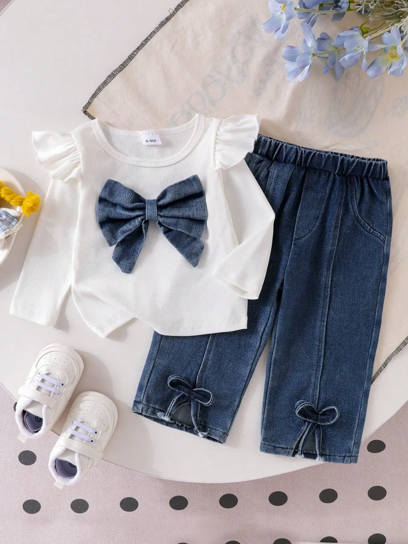 Baby Girl Long Sleeve Fashion 2-Piece Set, 3D Denim Large Bow Small Flutter Sleeve T-Shirt and Split Front Denim Jeans