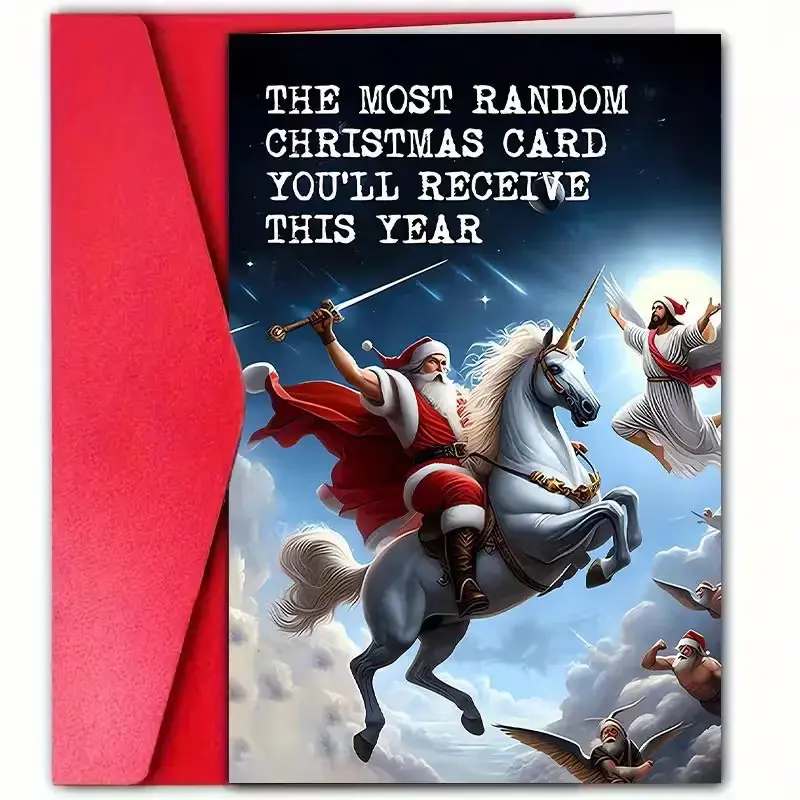 Funny Fantasy Santa Riding Unicorn Christmas Greeting Card With Matching Envelope, Whimsical Creative Holiday Card, Playful Christmas Prank Gift For Friends