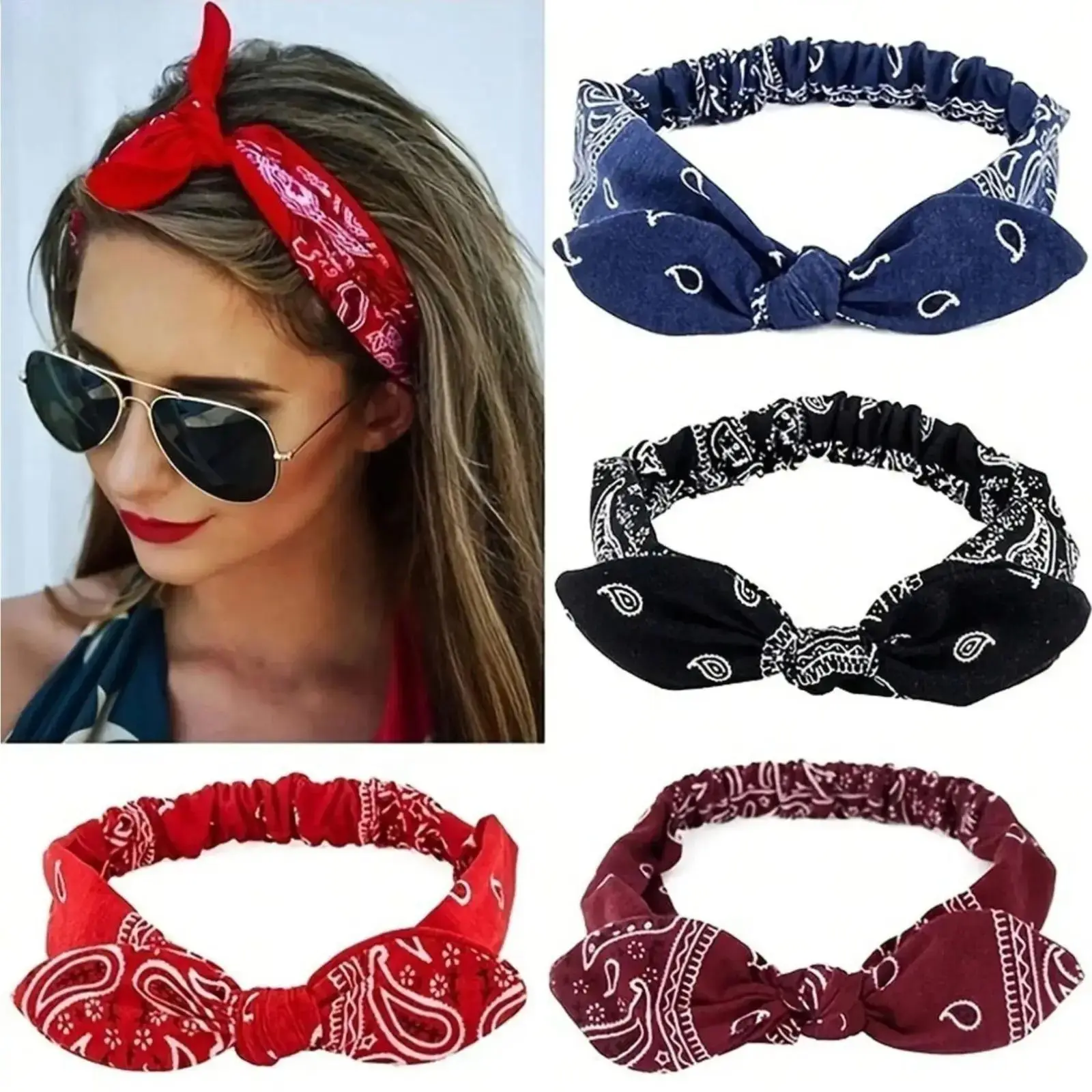Women's 4-Piece Polyester Vintage Paisley Printed Elastic Headbands Set - Female Hair Accessories with Bowknot, Flower, Bunny Designs for Retro Festival Wear