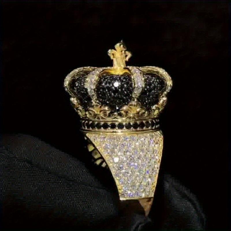 Ice Black and White Quartz Crown Ring |     18k gold plating, luxurious design paired with moissanite, platinum-plated, an ideal gift for stylish men on their birthday or for special occasions