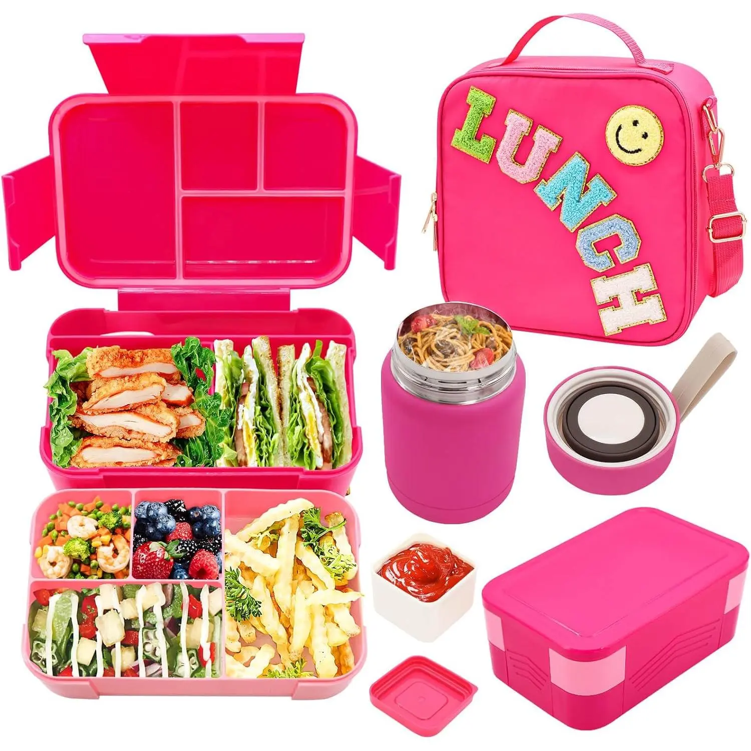 Bento Lunch Box Set for  with 10oz Thermo  Jar, Leak-Proof Lunch Containers with 6 Compartment, Nylon Preppy Lunch Bag with Adjustable Strap for Girls School Travel Picnic