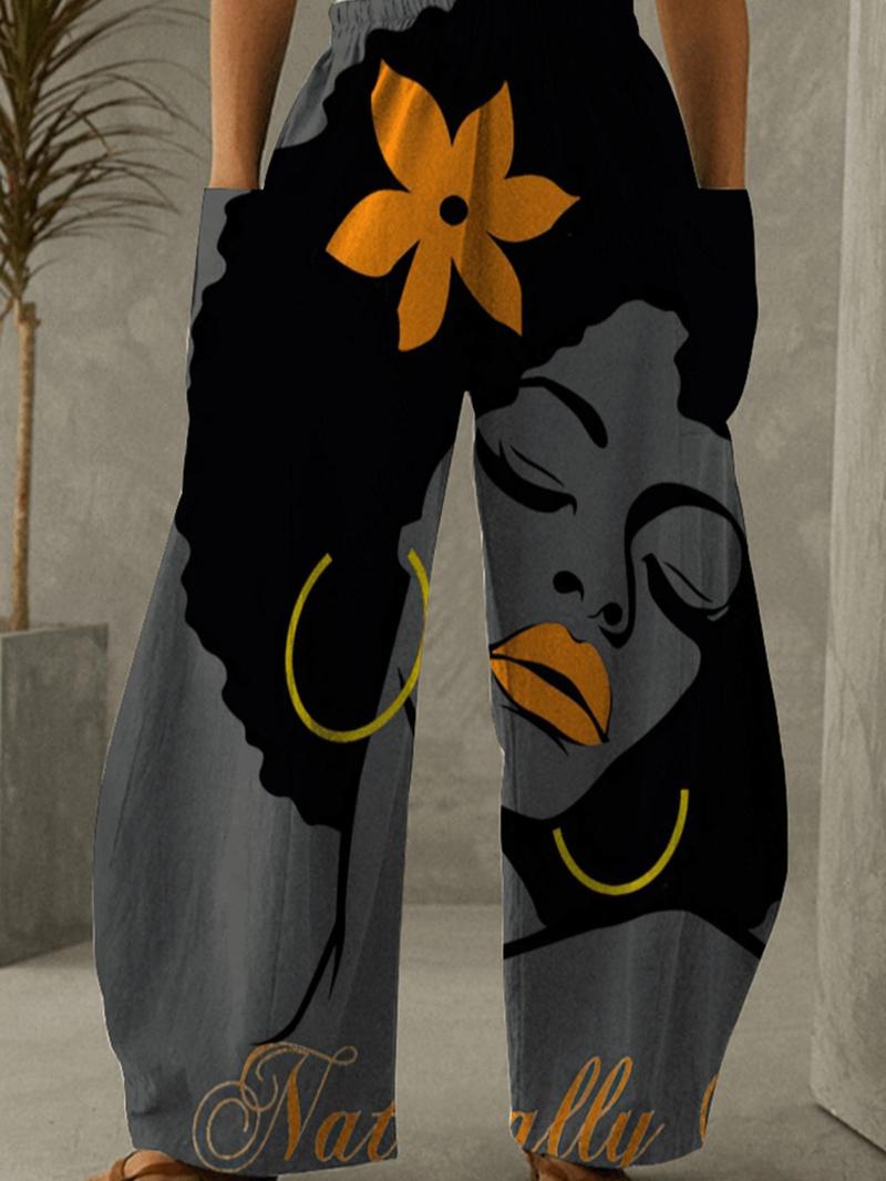 Plus Size Figure Print Pocket Elastic Waist Pants, Casual Comfy Trousers for Daily Wear, Women's Bottoms for Summer, Bohemian Trousers