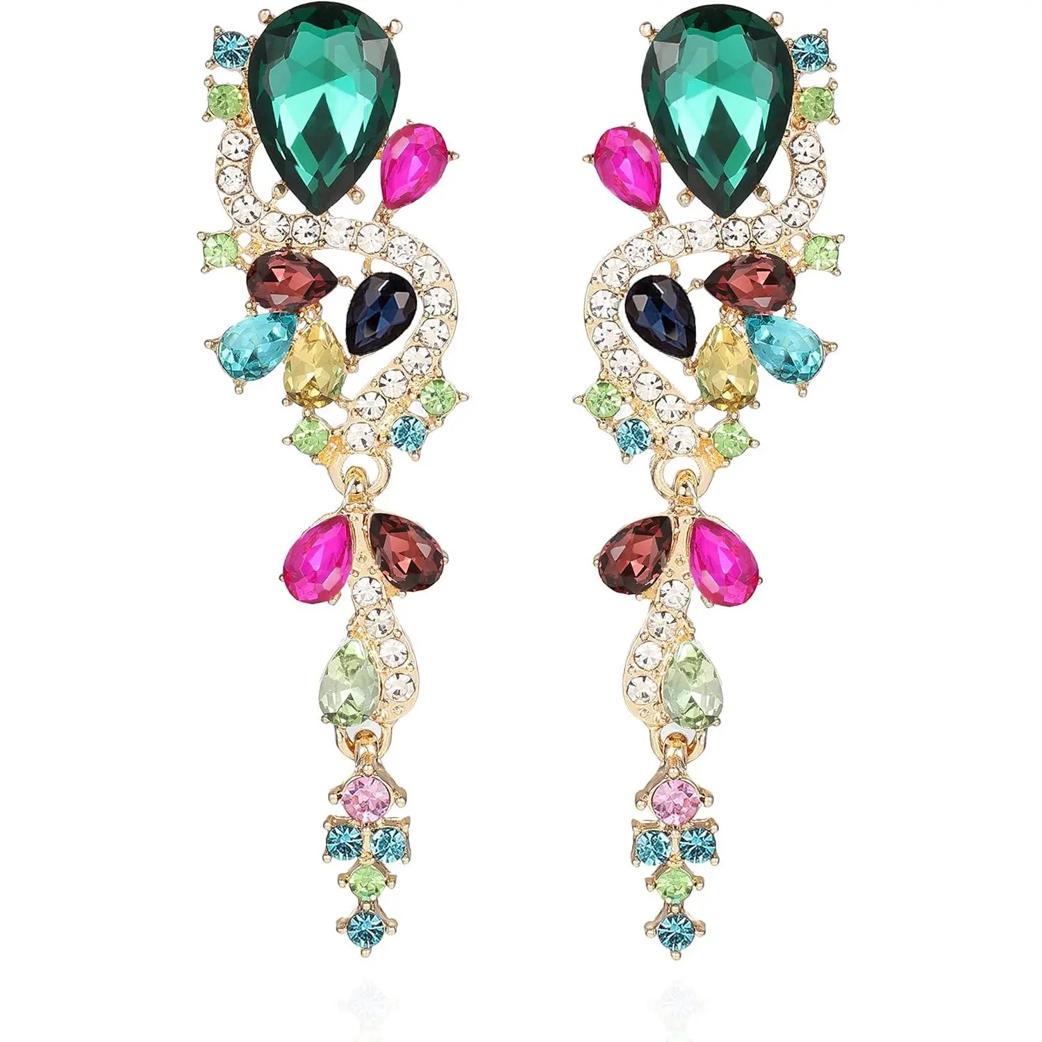 Women's Colorful Crystal Drop Earrings - Elegant Long Teardrop Rhinestone Chandelier Statement Jewelry for Wedding, Prom