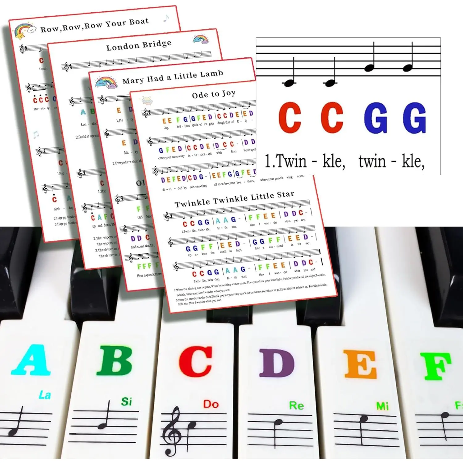 Piano Keyboard Stickers for 88/61/54/49/37 Key, with Piano Sheet ,Large Letter Piano Key Stickers for Learning, Removable Notes Label for Beginners and ,Multicolor