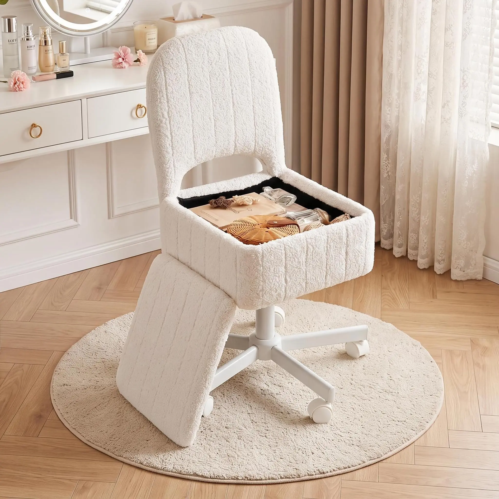 GARVEE Large Vanity Chair Stool With Storage, Vanity Chair With Wheels&Back