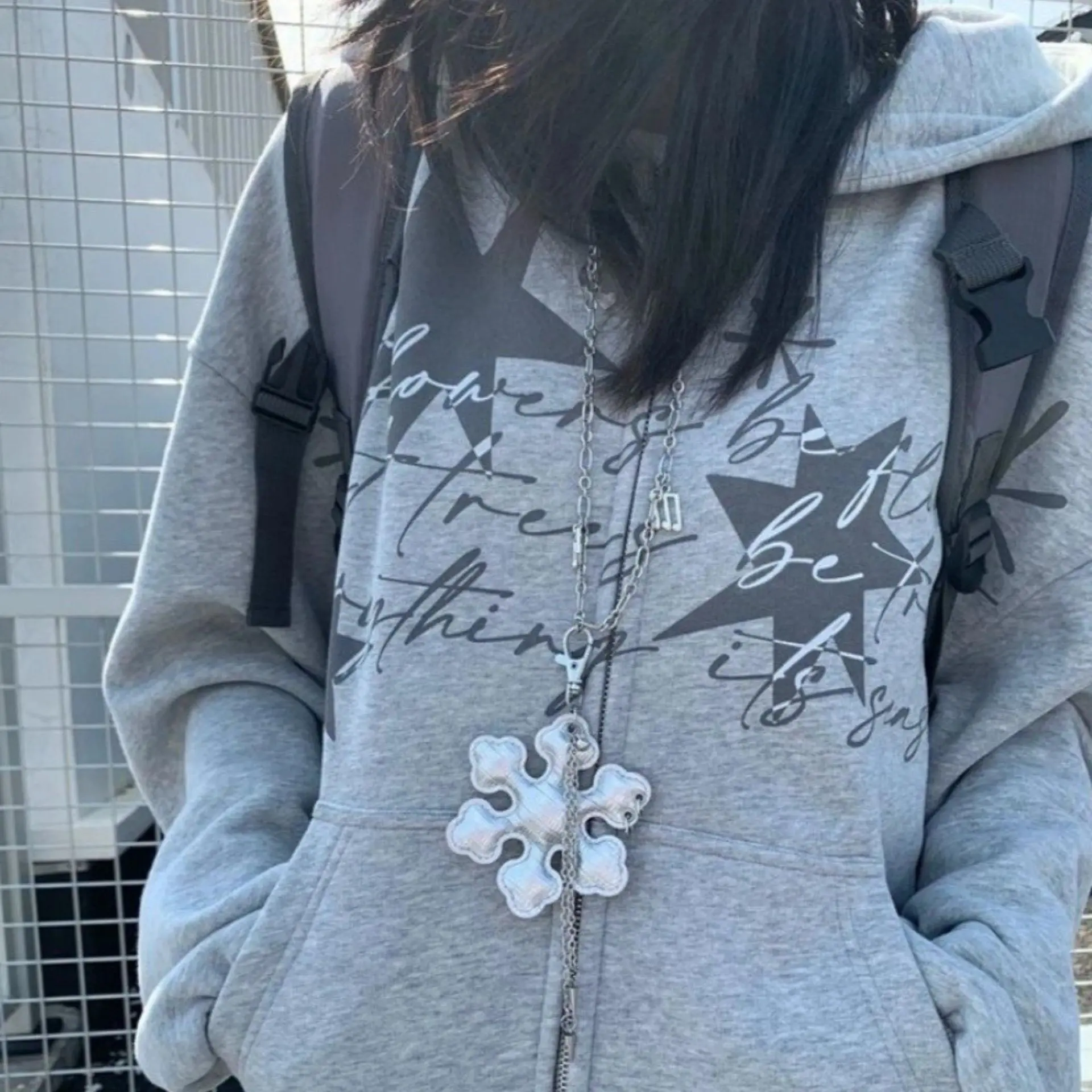 Y2K Subcultural Sweater Chain Necklace Leather Snowflake Metal Chain Tassel Cool Long Neck Accessaries Neutral Jewelry Pendant