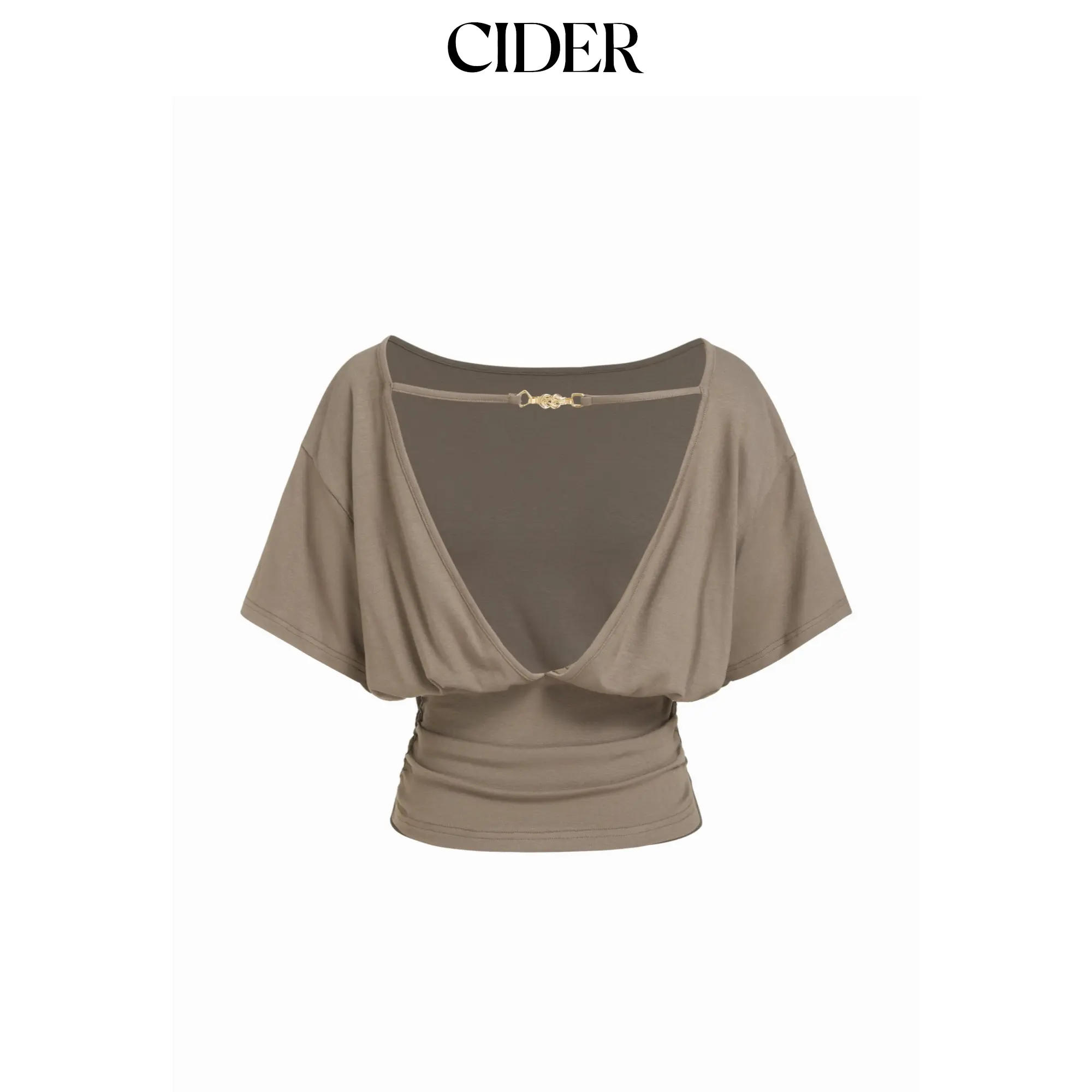 Cider Boat Neck Batwing Sleeve Backless Drawstring Metal Detail Oversized Crop Tee