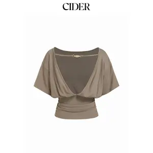 Cider Boat Neck Batwing Sleeve Backless Drawstring Metal Detail Oversized Crop Tee