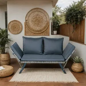 Aobtkel®1 PCS Patio Wicker Side Foldable Bench Patio Backyard Conversation Bench Grey Wicker + Dark Grey Cushion    RR