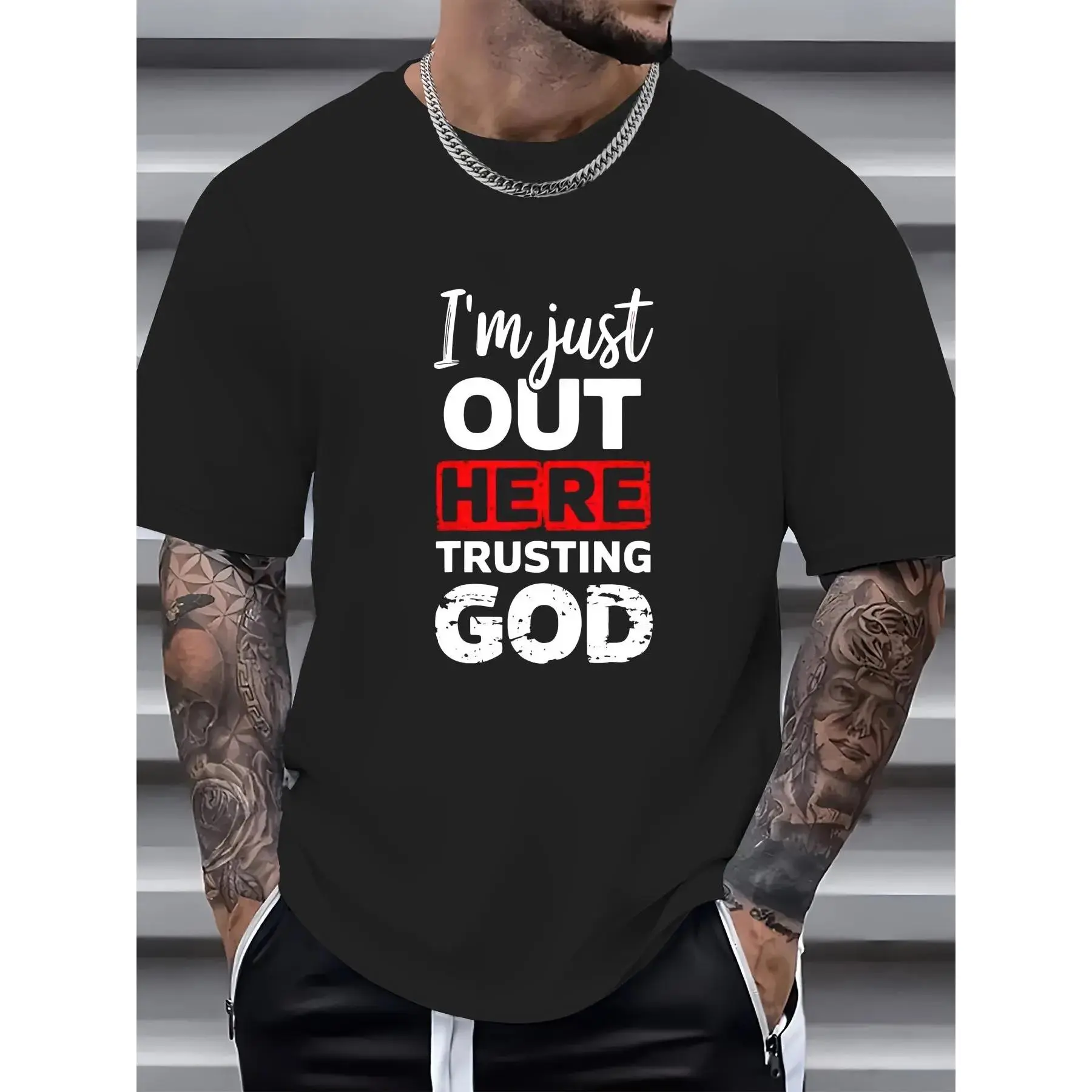 I'm Just Out Here Trusting God Christian Religious T-Shirt, Western Outfits Shirts Men's Graphic Tees Top Menswear Black