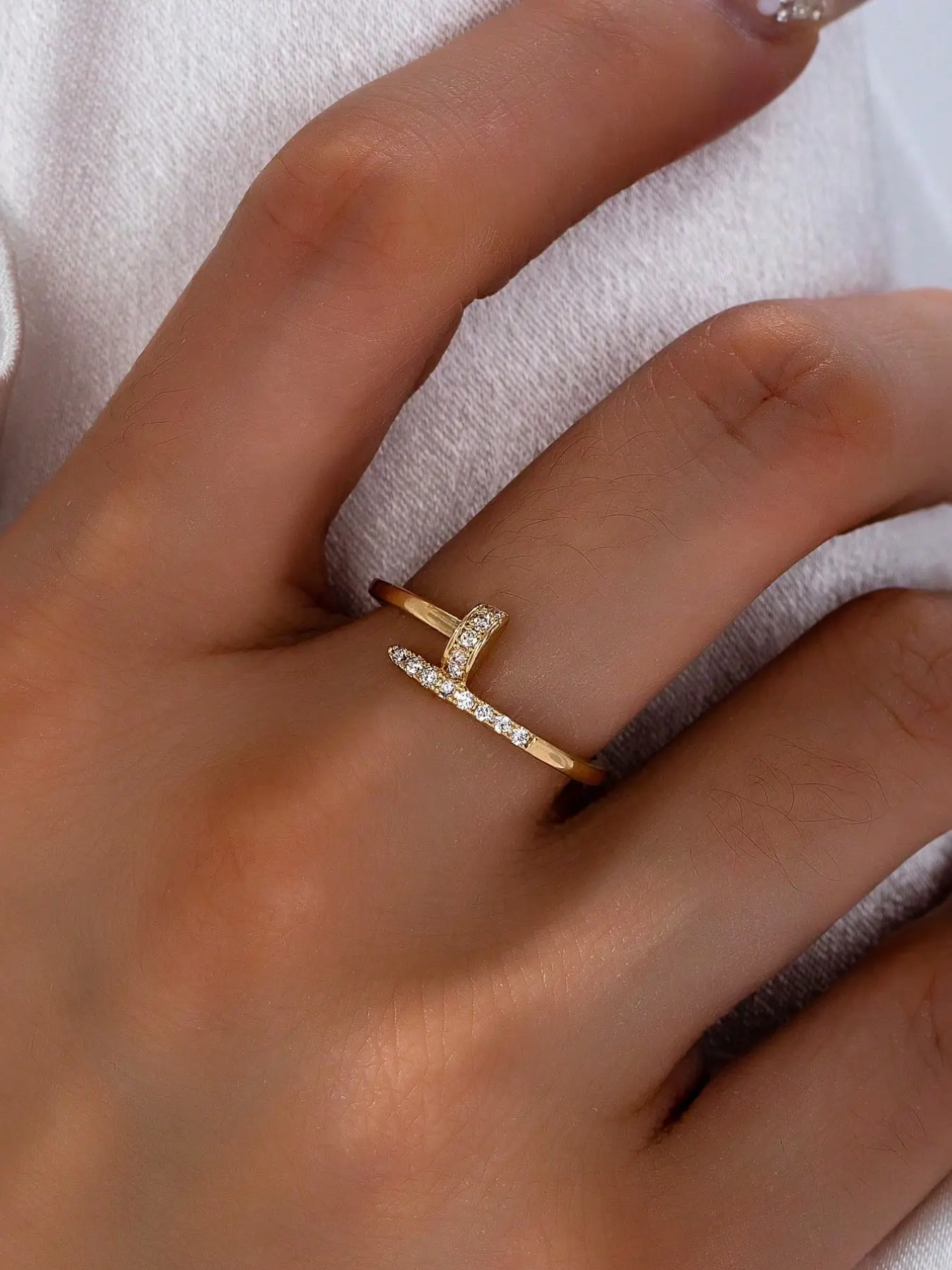 1 Pc Cooper Zirconia Nail Ring , Golden Color Adjustable Size Nail Rings for Women , Minimalist Luxurious Ring Jewelry , Women Gift