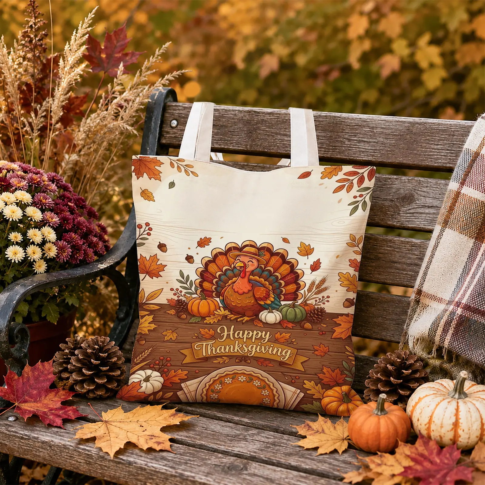 1pc Turkey Pumpkin Maple Leaf & Happy Thanksgiving Text Canvas Tote Bag, Vintage Thanksgiving Style, for Women and Girls, Shopping, Travel, Thanksgiving Gathering and Daily Use, Thanksgiving Gift