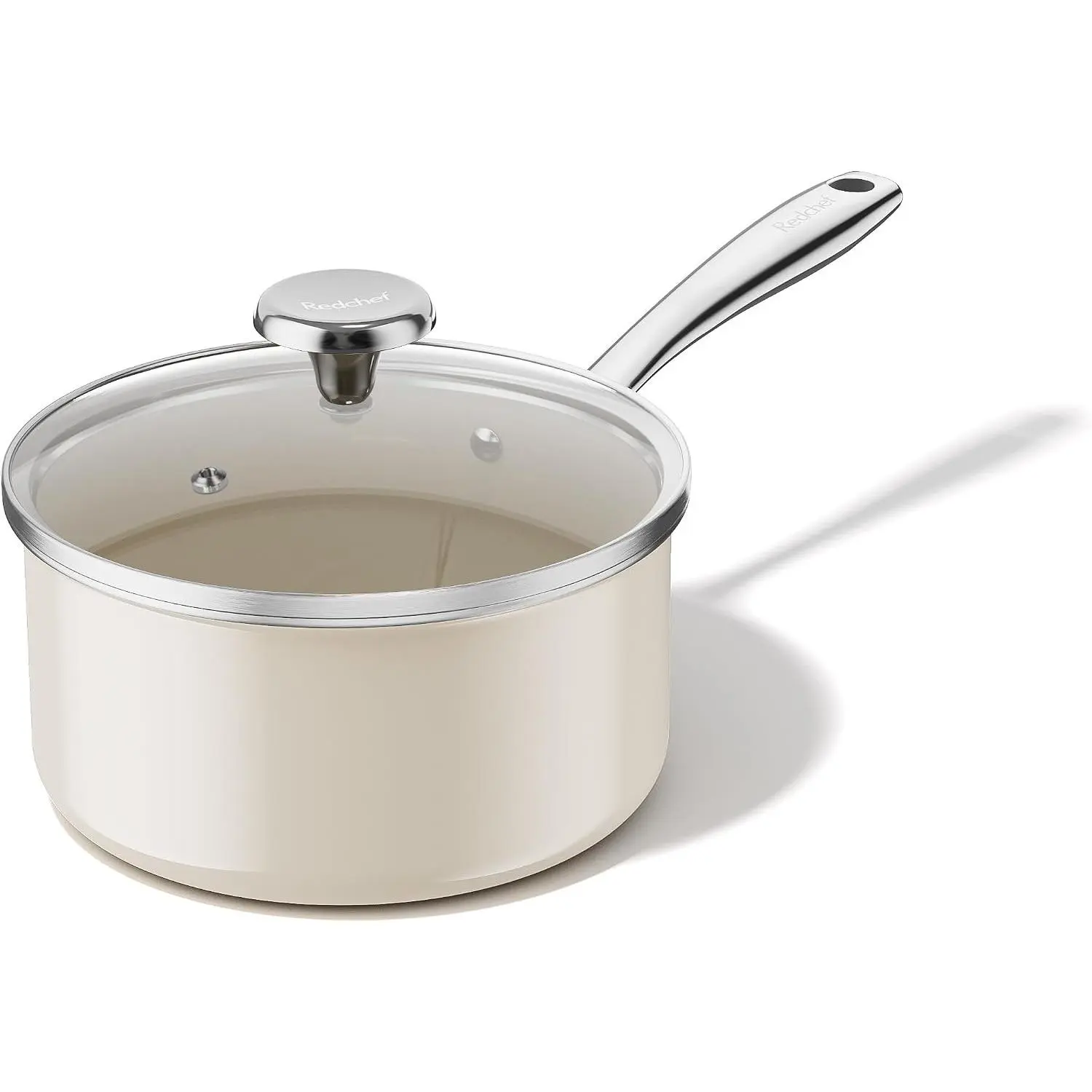 Beige 2.5QT Compact Ceramic Saucepan with Lid, Nonstick Cooking Pot, Stay-Cool Handle, Non-Toxic, PTFE & PFOA Free, Oven & Dishwasher Safe, Compatible with All Stovetops, Oven Safe
