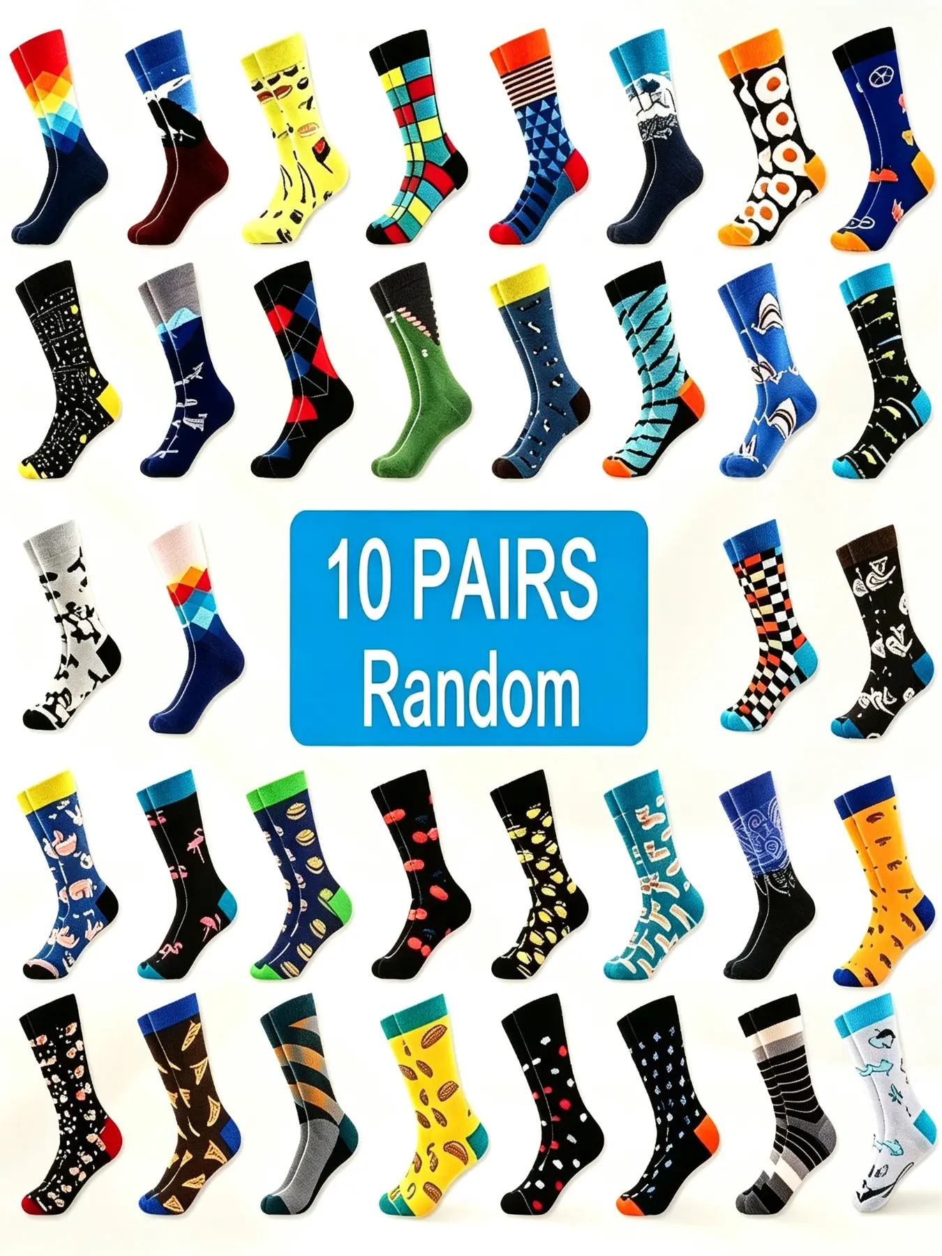 10 Pairs Random Multicolor Printed Women's Crew Socks, Casual Daily Socks, Fun Novelty Design, Comfortable, Ideal for Home, Office, Travel, Gift Idea