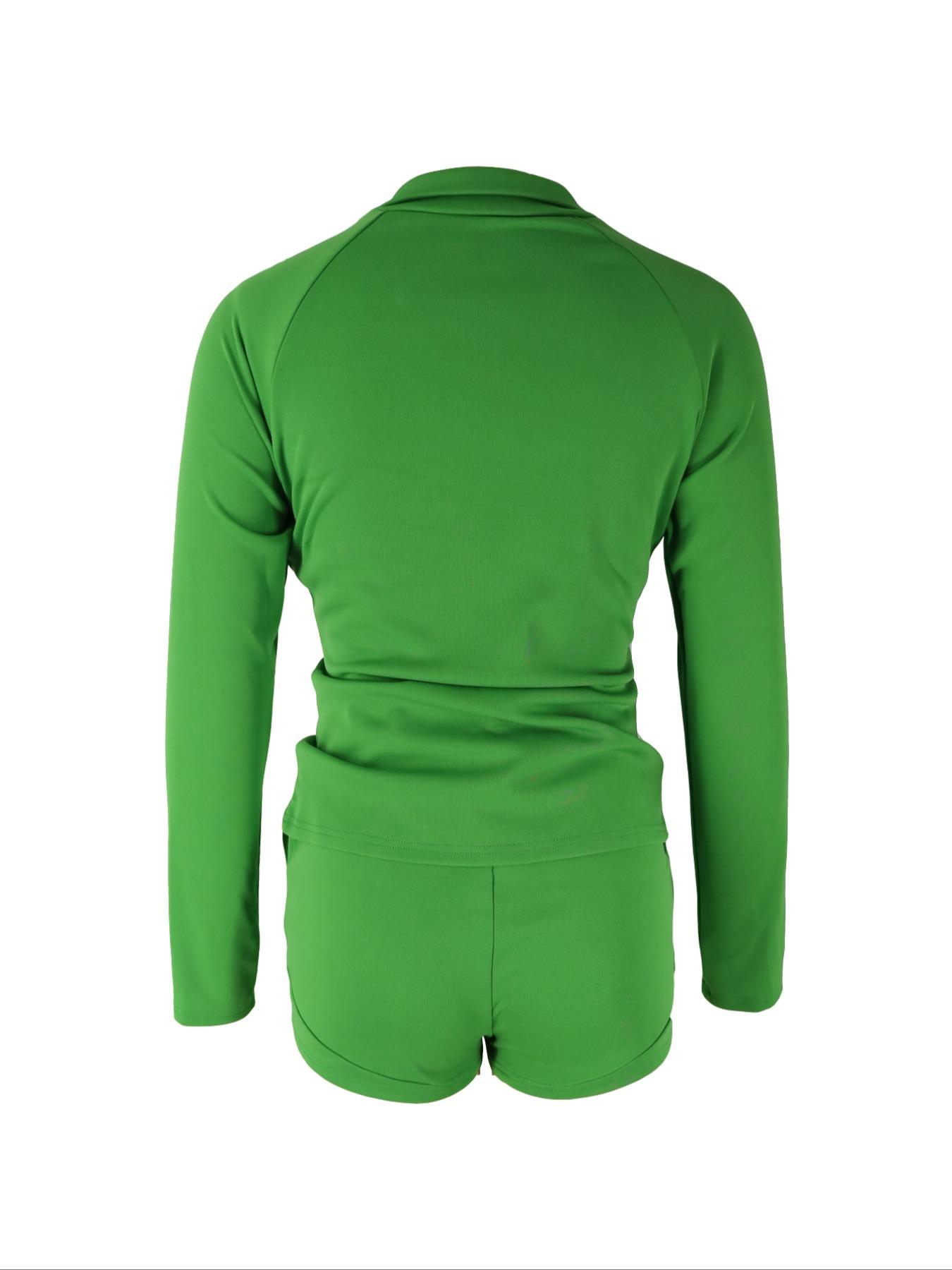 Women's Letter Print Zipper Stand Collar Top & Pocket Shorts Set, Casual Long Sleeve Top & Shorts for Summer, Ladies Clothes for Daily Wear, Womenswear