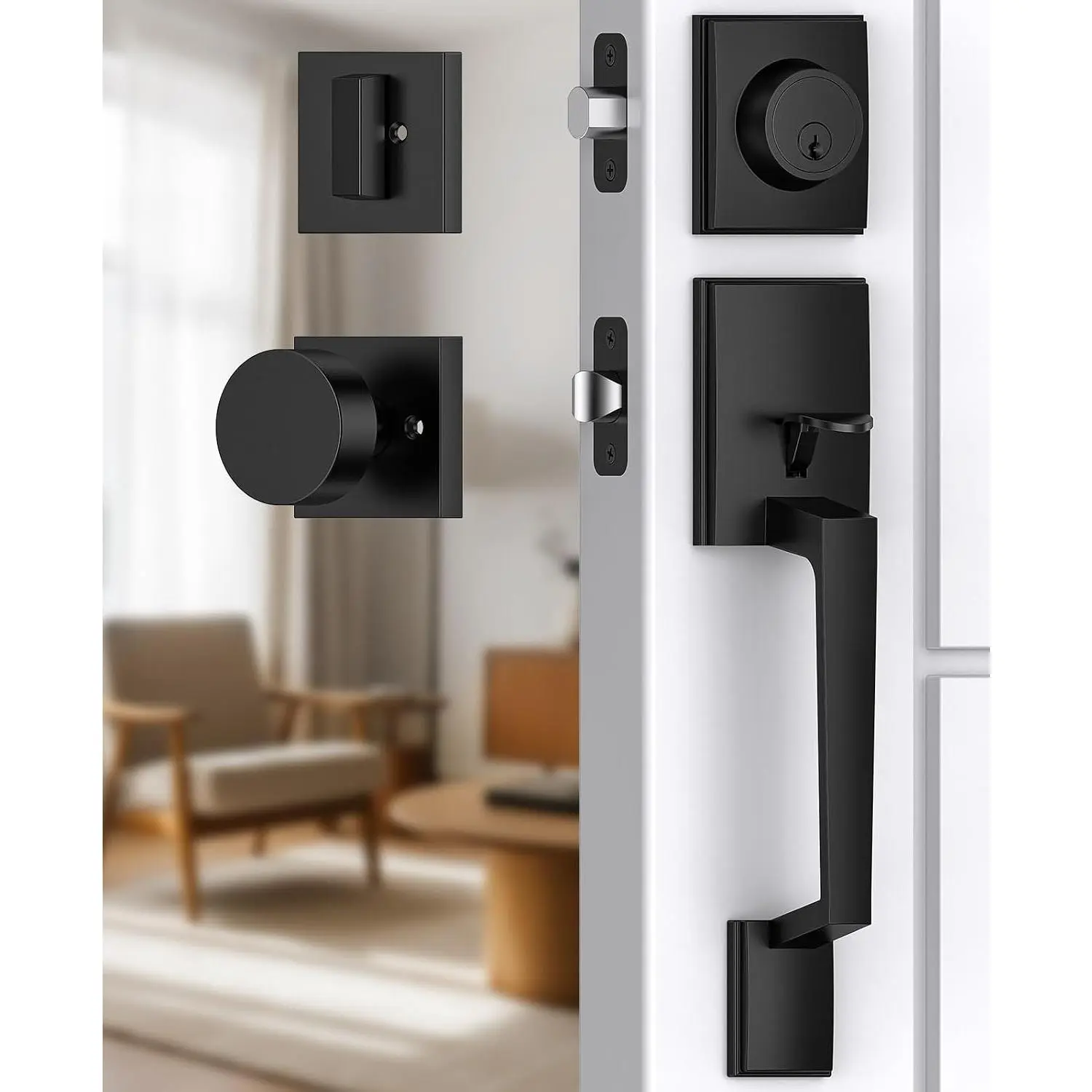 Black Front Door Handle and Deadbolt Set with Modern Exterior Knob | Heavy Duty Front Door Lock Set, Exterior Door Handle, Front Door Knob, Entry Locksets with Deadbolt, Easy Install,