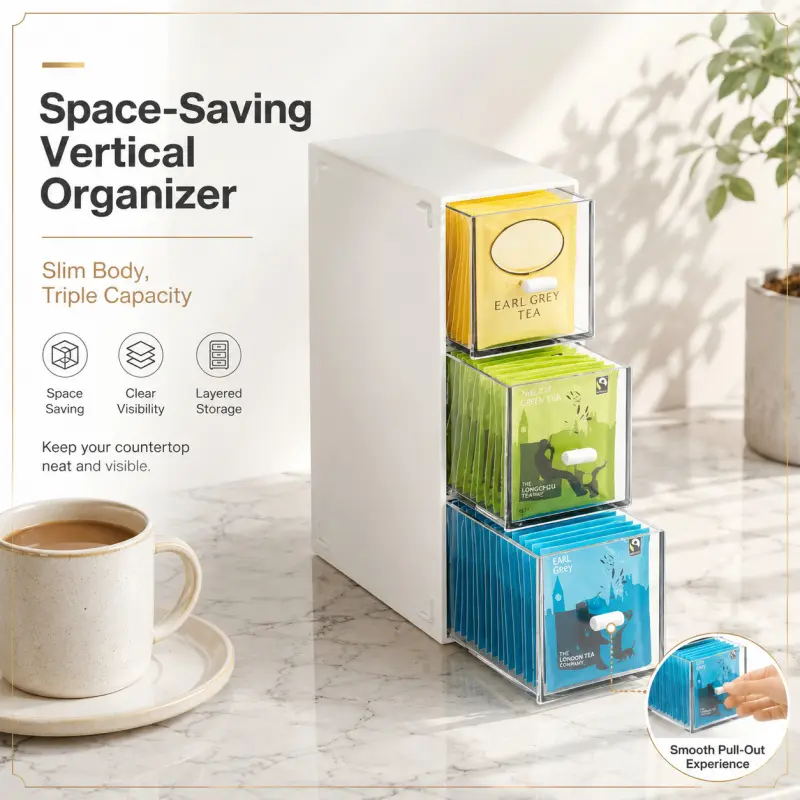 Vertical Tea Bag Storage Box, Three Transparent Drawers, Saves Countertop Space, Holds Tea Bags, Coffee, and Small Items