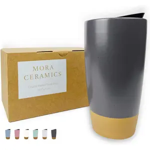 Double Wall Ceramic Coffee Travel Mug with Lid, 14 oz, Portable, Microwave, Dishwasher Safe, Insulated Reusable Tall Cup, Splash Resistant Lid - To Go Tumbler for Car Cup Holder, Nightwaves