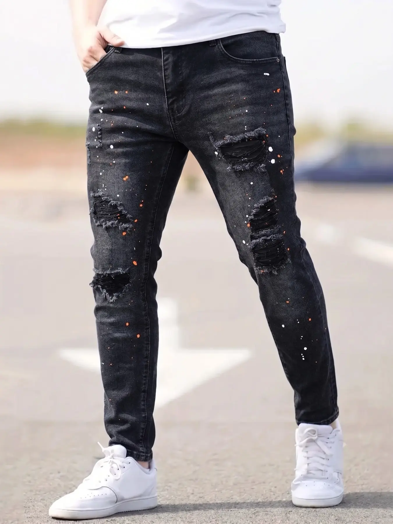 Men's Vintage Faded Jeans, Multi-Hole Ripped Ink Splatter Graffiti Pattern, Slim Fit Elastic Hip Hop Streetwear, Perfect for Daily Wear