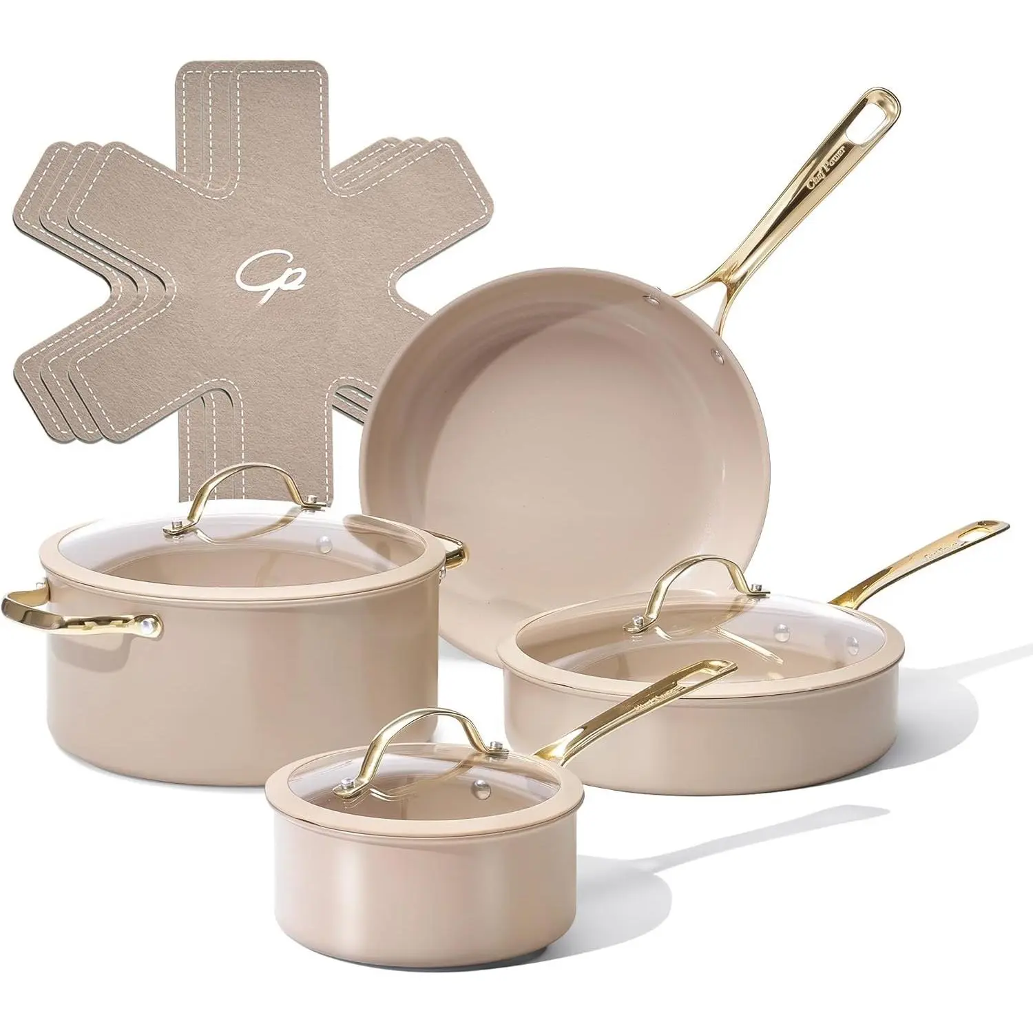 Ceramic Cookware Sets, 10 count Pots and Pans Set Non Stick, Cookware Set with Stainless Steel Handle, Dishwasher & Oven Safe, Taupe and Light  Handle