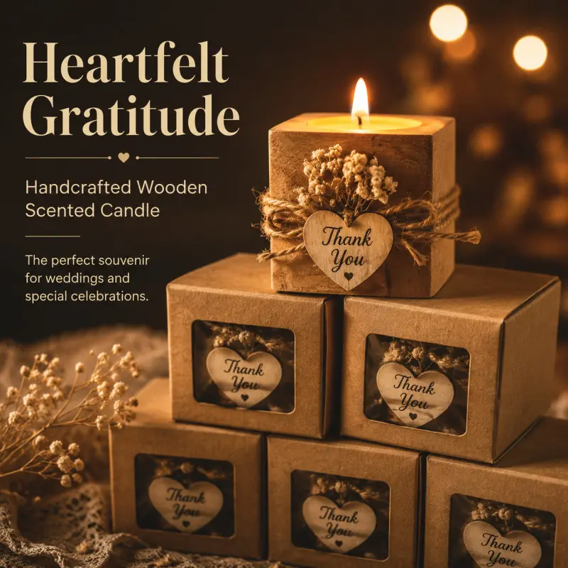 6pcs Handmade Wooden Scented Decorative Candle Favor With Thank You Tag & Dried Flower, Rustic Wedding Baby Shower Guest Gift In Kraft Packaging Box