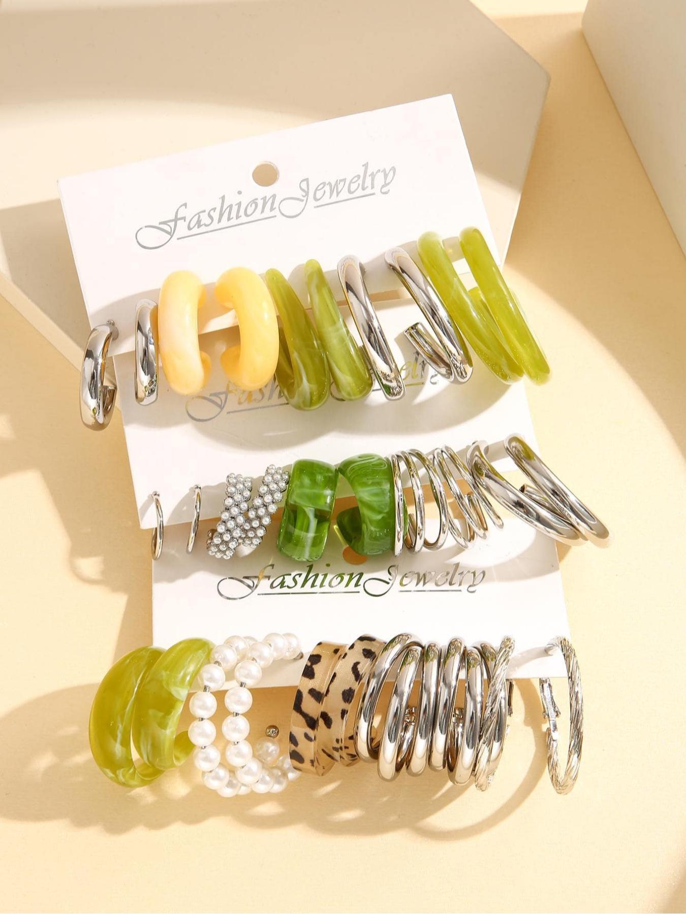 Faux Pearl Decorated Hoop Earrings, 15 Pairs Elegant Colorblock Design Fashionable Hoop Earrings, Fashion Accessories For Women