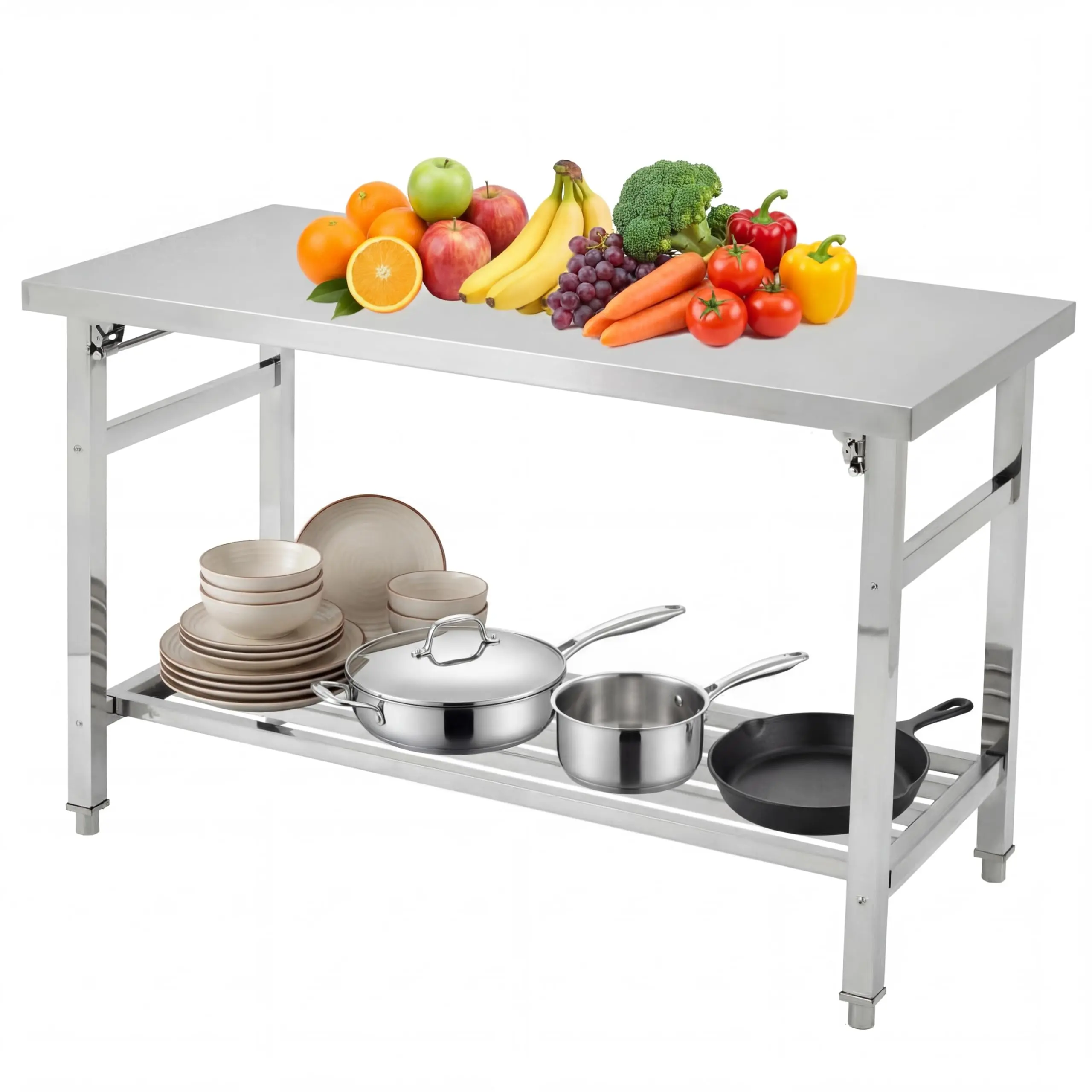 60" x 24" Stainless Steel Folding Prep Table - Heavy Duty Commercial Work Table with Adjustable Undershelf for Kitchen, Restaurant & Food Service