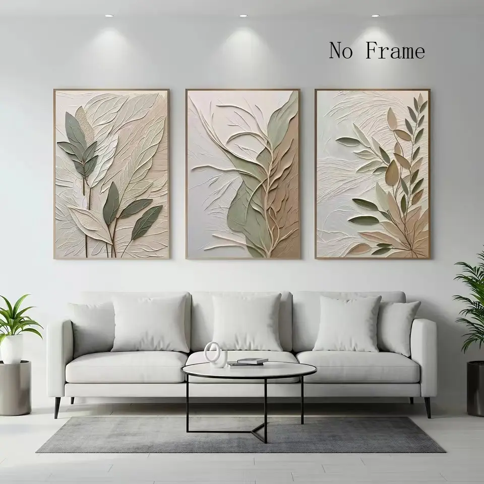 3pcs Texture Leaf Art Poster Neutral Tone Canvas Printing Modern Home Frameless Decorative Painting Elegant Wall Art Hanging Painting