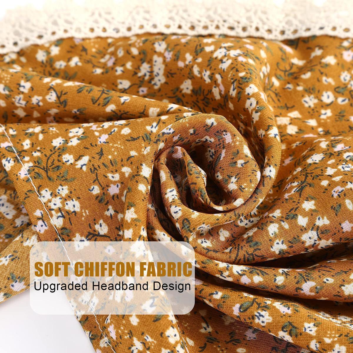 AWAYTR 3Pcs/Set Flower Printed Hair Bandanas Headbands Solid Color Chiffon Head Kerchief for Women Girls Bohemian Hair Scarf Floral Lace Edge Headband Bandana